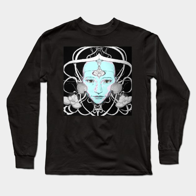 Wise cyber robot girl with blue skin entwined with mystical flowers and wires Long Sleeve T-Shirt by Takeshi Kolotov